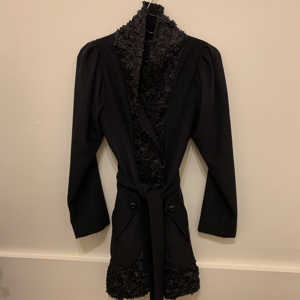 🔥EUC — Black Belted Wrap Coat with Detailed Trim